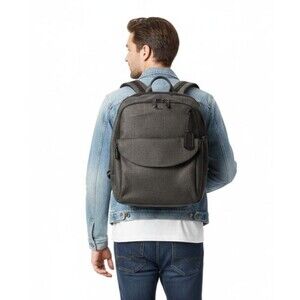 Tumi Backpack Sinclair Hanne Earl Grey Textured Canvas Leather Trim Brown Zipper